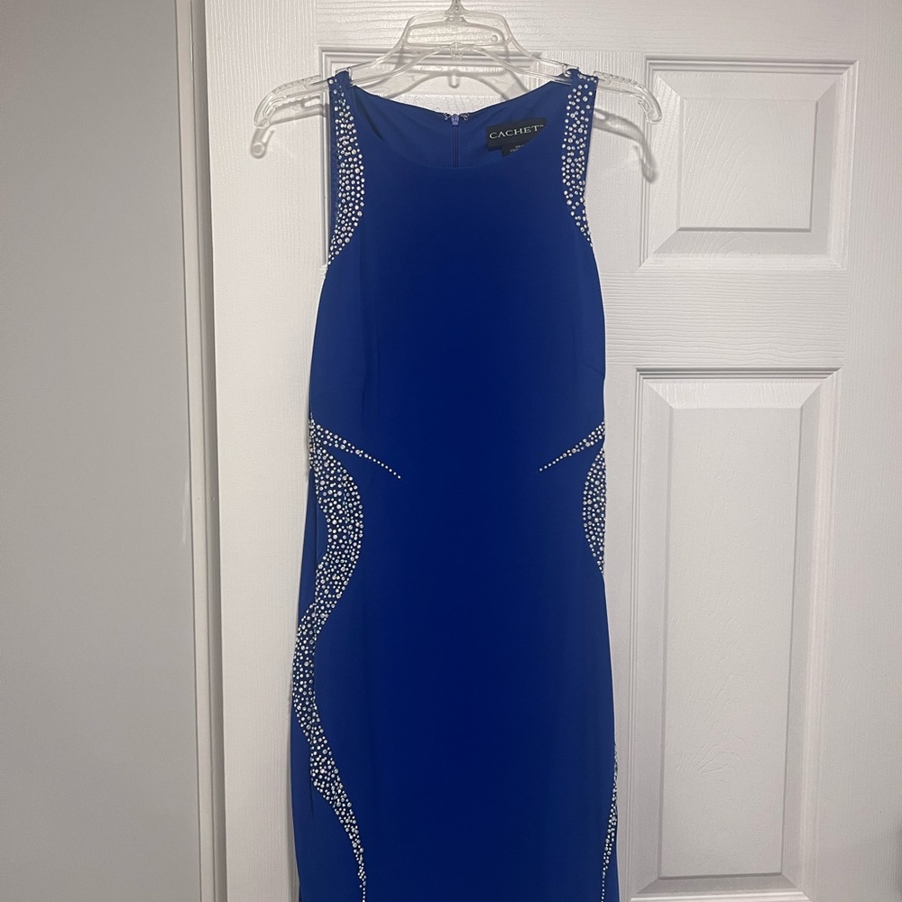 Cachet Blue Sleeveless Dress with Silver Embellishments